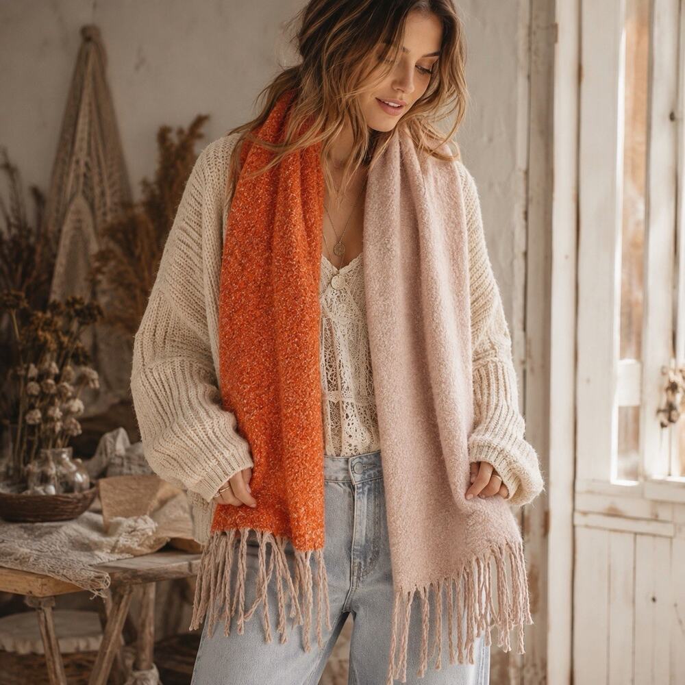Urban Outfitters Scarf Long Knit Reversible Boucle Orange Beige Fringe Cozy Fall